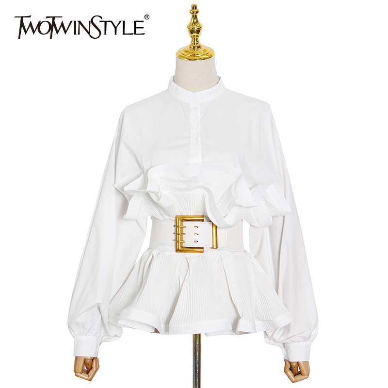 TWOTWINSTYLE-blusa elegante con volantes para mujer, Blusa de manga larga con cuello levantado, Túnica coreana, moda femenina, novedad
