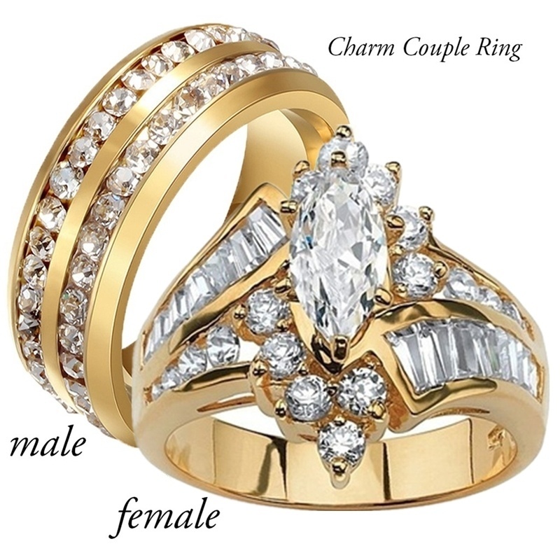 Anillos de pareja de moda para mujer, anillo de cristal CZ de corte Marquesa, anillo de acero inoxidable con piedra CZ de dos filas para hombre, joyería de moda para amantes