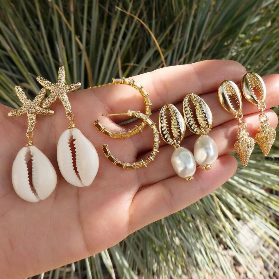 Bohemia Shell Starfish Dangle Earring zestaw dla kobiet Summer Beach Pearl Conch Drop Geometryczny kolczyk Girls Fashion Jewelry