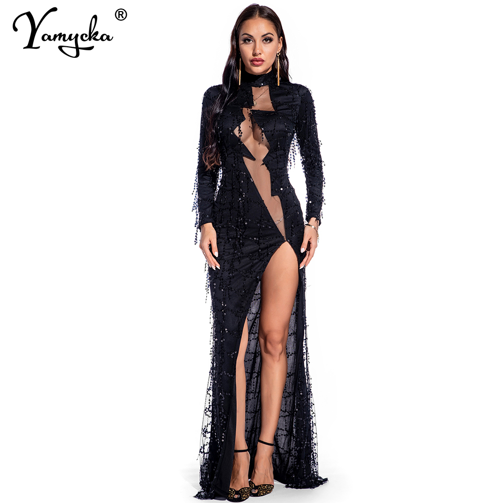 Maxivestido Sexy transparente para mujer, vestido de lentejuelas para fiesta nocturna, bodycon con purpurina, vestido largo vintage para mujer, otoño y verano