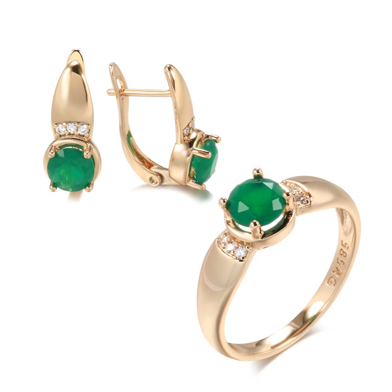 Kinel nuevo Esmeralda corte redondo pendientes de circón Natural conjuntos de anillos para mujer 585 pendientes de Clip de oro rosa conjuntos de joyería de moda para fiesta