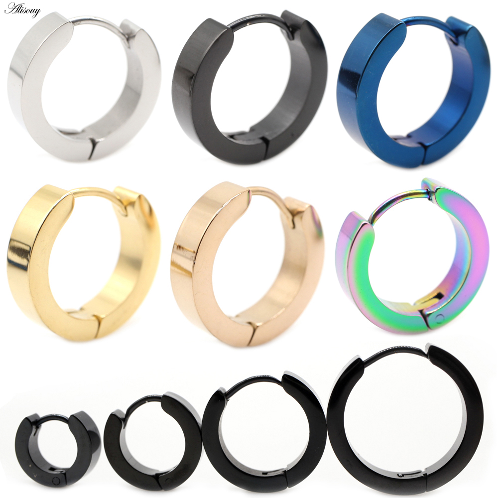 Alisouy 2 peças Brincos Pequenos Huggie Punk para Mulheres e Homens, Cor Dourada, Preto, Azul, Aço Inoxidável, Brincos de Argola Redondos Lisos, Joias