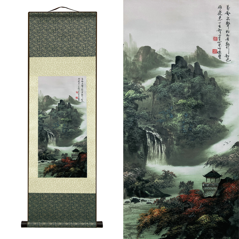 Chinese stijl inkt zijde scroll schilderij zijden haspel rollende muur hangende kunst voor muur foto decoratie (39 in x 12 in)
