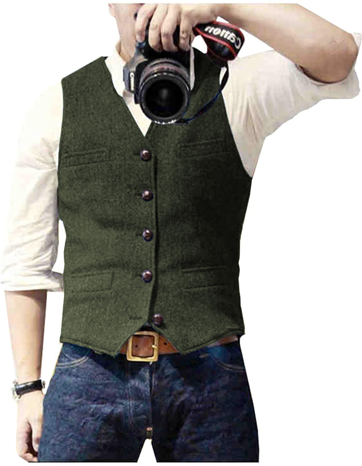 Chaleco de traje clásico informal para hombre, chaleco de negocios ajustado de Tweed en espiga con cuello en V para boda