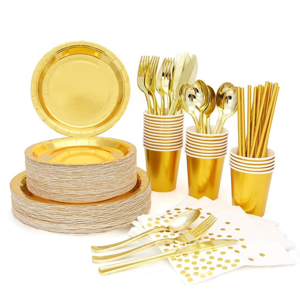 Placas De Estampagem Douradas Descartáveis, Guardanapos De Papel, Decoração De Festa De Feliz Aniversário, Pratos De Casamento Adultos, Louça De Mesa