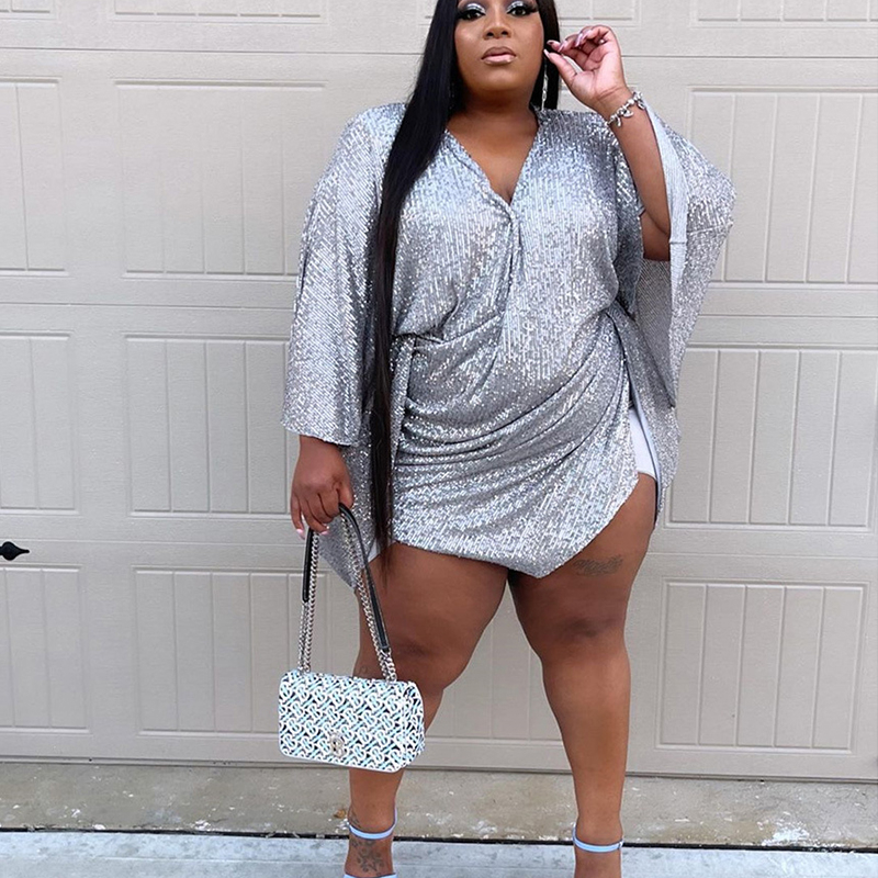 Abito Plus Size abiti da compleanno per feste vita alta scollo a V manica a pipistrello Sexy paillettes Mini abito argento Dropshipping all'ingrosso