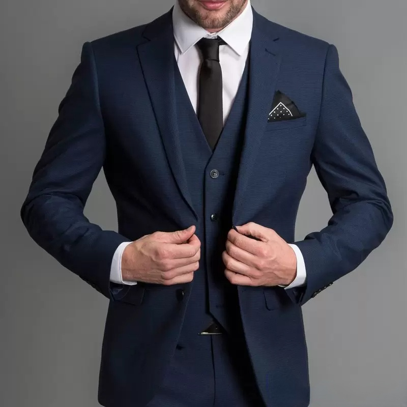 น้ำเงินชายชุด Slim Fit Notched Lapel งานแต่งงาน Tuxedos 3ชิ้นชุด Tailor Made ธุรกิจเครื่องแต่งกายบุรุษ (Blazer + กางเกง + เสื้อกั๊ก)