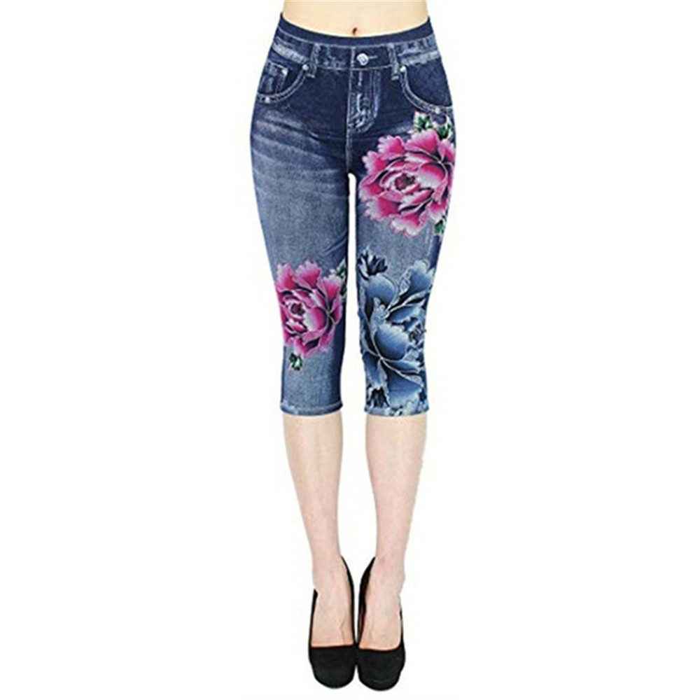 Legginsy damskie Plus Size Imitacja przyciętych spodni 2025 Nowe spodnie z kieszeniami Slim Jeggings Denim Skinny