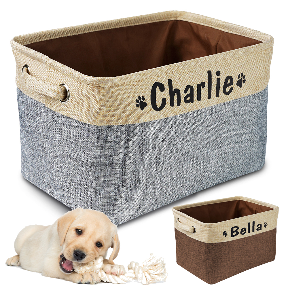 Panier de rangement personnalisé pour jouets de chien, sac en toile pliable pour jouets pour animaux de compagnie, boîte de rangement en lin, bacs, accessoires pour chiens, fournitures pour animaux de compagnie