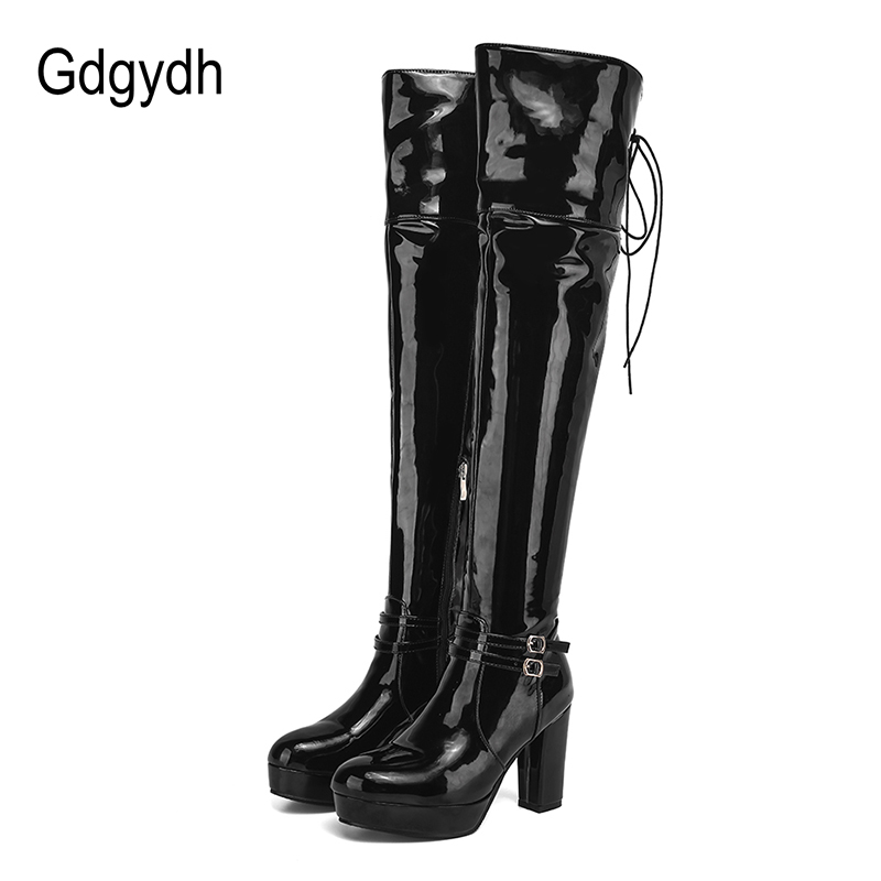 Gdgydh, botas altas sexis para discoteca, botas por encima de la rodilla de charol para mujer, tacones altos, plataforma con cremallera lateral, calzado cómodo para invierno