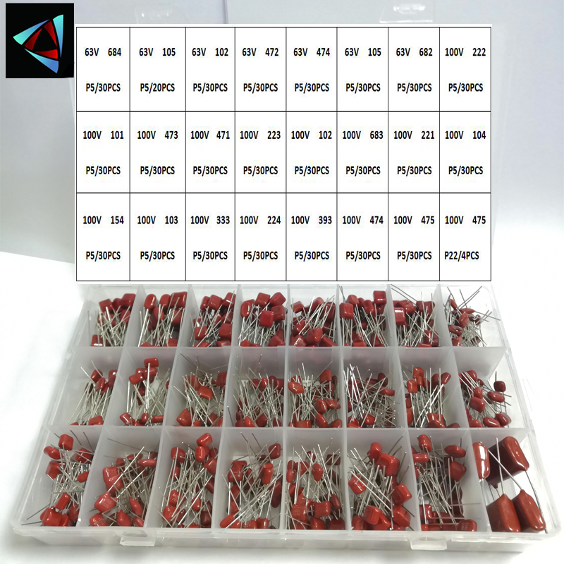 684 Stks/partij 63V-100V 24 Waarde 0.001Uf ~ 2.2Uf Cbb Metalen Foliecondensatoren Assortiment Kit