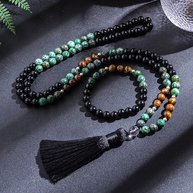 8mm Afrikanischer Türkis Schwarzer Achat Gelber Tigerauge Perlen Japamala Halskette Armband Set Meditation Yoga Schmuck 108 Mala Rosenkranz