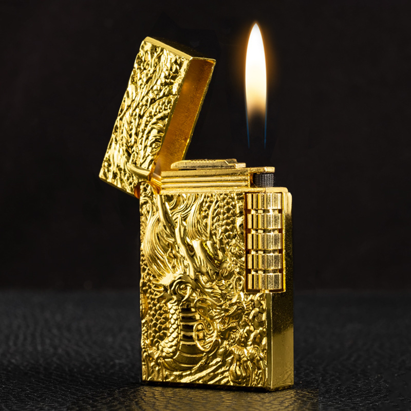 Encendedor de Gas de dragón, encendedor de gas de chorro de molienda, encendedor de pedernal de Gas butano, relieve de Metal PING, sonido brillante, encendedor de cigarros inflado