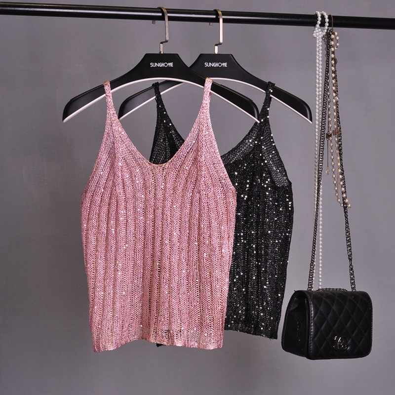 Net Hot Sexy Hollow-out paillettes Flash Bright Silk t-shirt lavorata a maglia fuori cintura Condole indossando cappotto modello sottile femminile