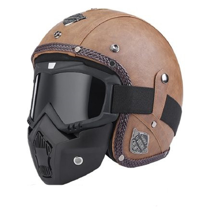 Casco Retro Vintage para Motocicleta, 3/4 Abierto, con Visera, Aprobado por DOT, de Cuero PU, Casco de Motocross con Máscara y Gafas Protectoras
