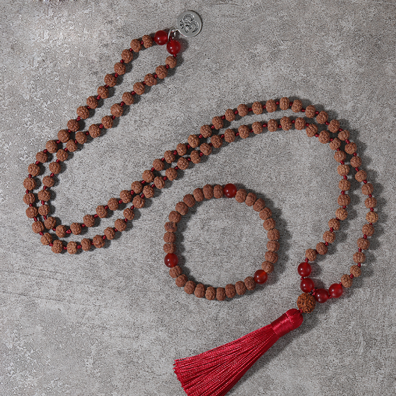 Collar Mala de 108 cuentas de ágata roja Rudraksha original, conjunto Japamala para meditación, yoga y oración, con pulsera de joyería.