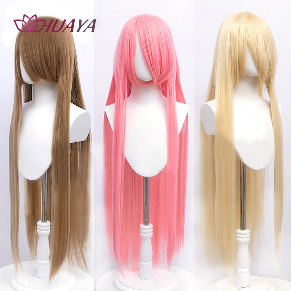 HUAYA Panjang 100Cm Lurus Wig Sintetis Cosplay Wig untuk Wanita Rambut Pirang Merah Muda Abu-abu Ungu 23 Warna Rambut Palsu natal Wig