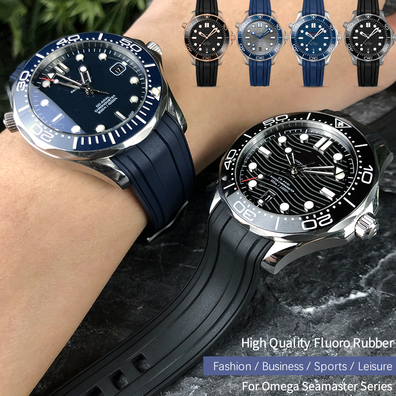 Tali jam tangan silikon karet Fluorous 20mm 21mm 19mm kualitas tinggi cocok untuk Omega New Seamaster 300 tali lembut hitam biru