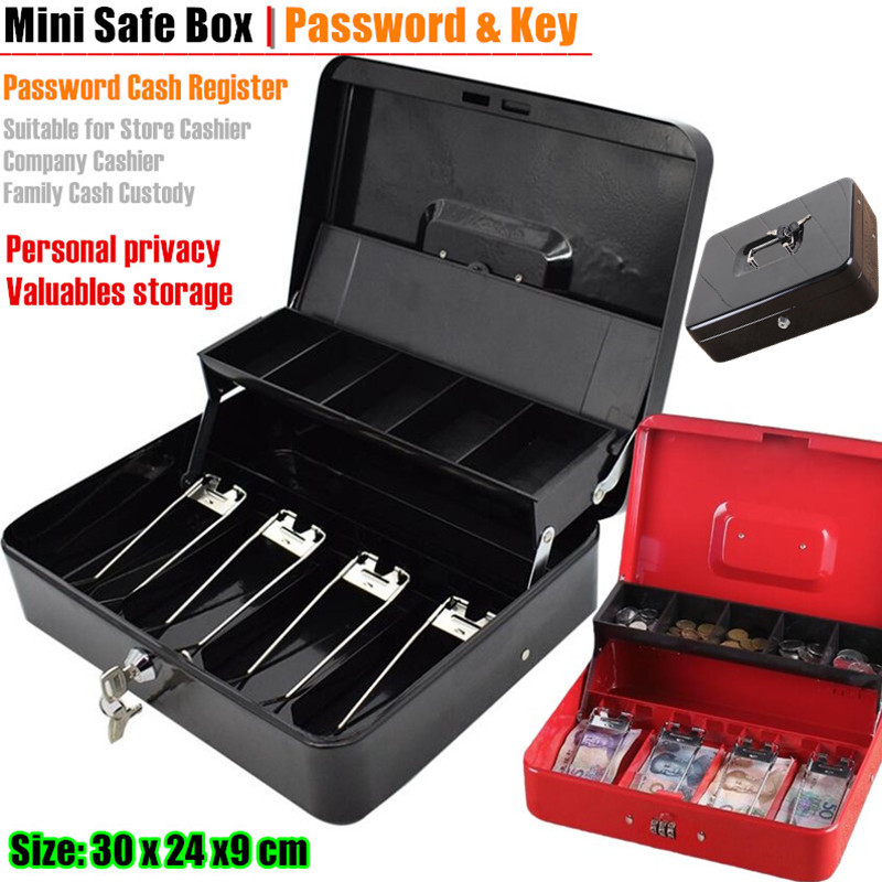 XL: 30 x 24 cm Metall-Mini-Safe, Schlüsselschloss, Aufbewahrung von Geld, Münzen, Kassierer, 2-lagig, gefaltet, Passwort, Registrierkasse, Schmuck, Bankkarten-Aufbewahrung
