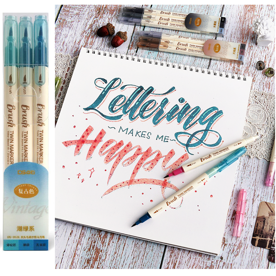 3pcs Retro สี TWIN MARKER ปากกาชุดแปรงวาด Fine Liner น้ําหมึกผสมสีน้ําศิลปะภาพวาดโรงเรียน A6133