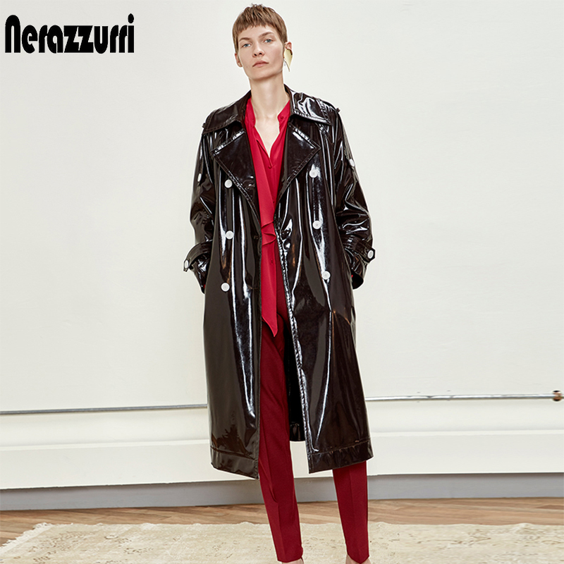 Nerazzurri-casaco longo de couro preto envernizado impermeável para mulheres, trespassado duplo, casaco de couro grande iridescente, 7XL, 2020