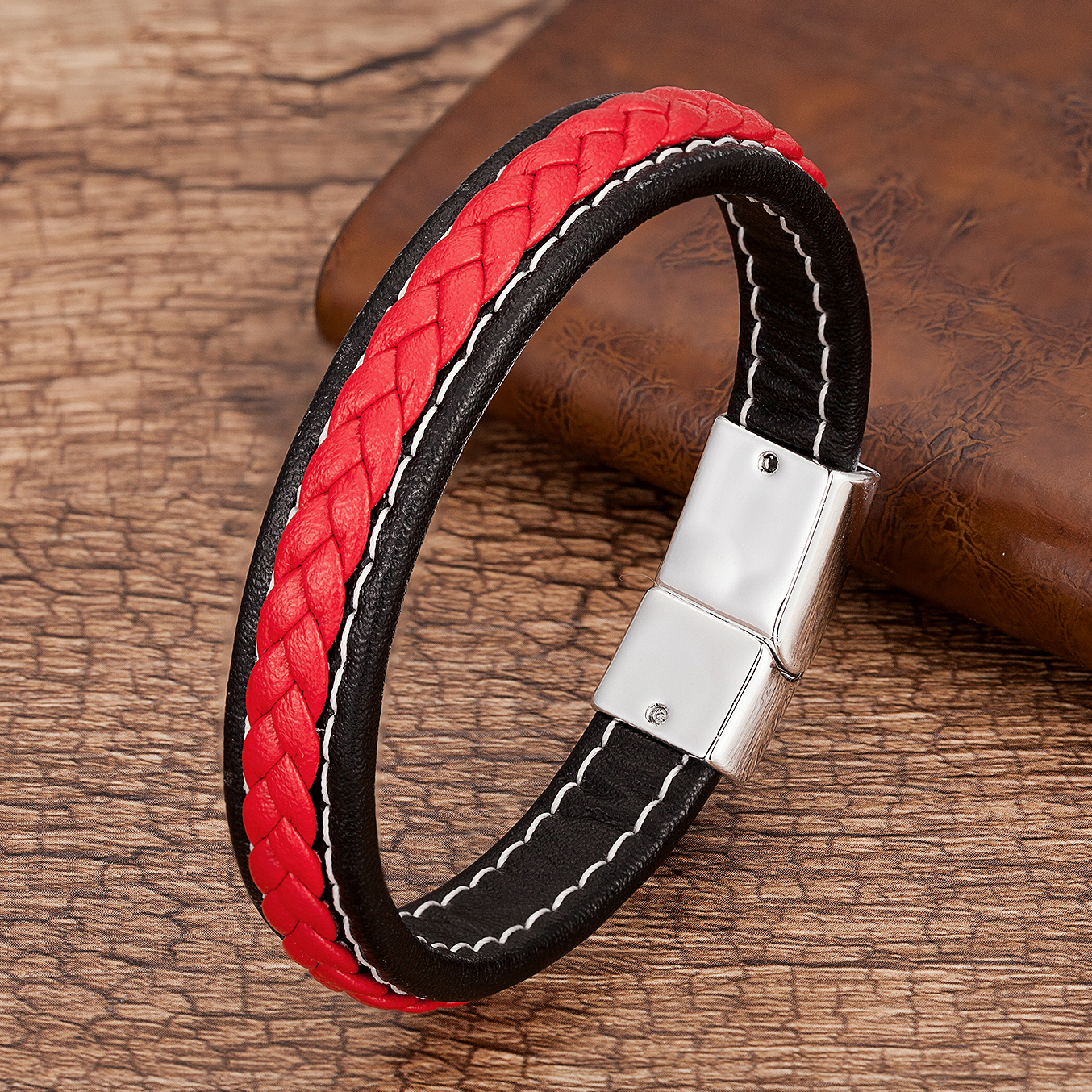 Bracelet en cuir tressé pour homme, bijoux punk, rouge, noir, métal, magnétique, breloque