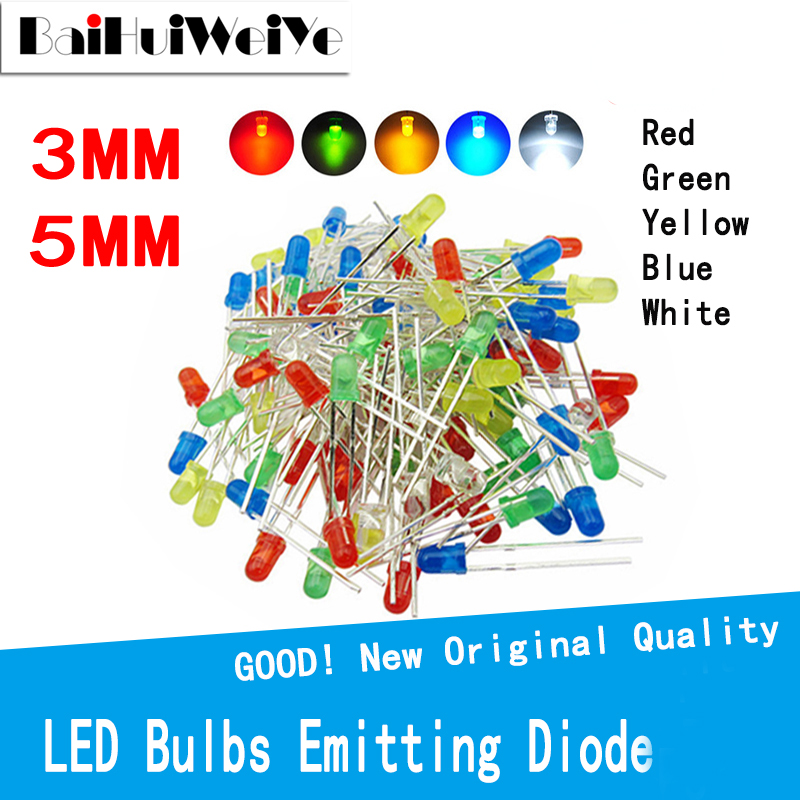 100PCS/Lot F3 F5 LED Green Red Yellow Blue White  Super Bright 5mm 3mm High Quality Bead Light Emitting Diode