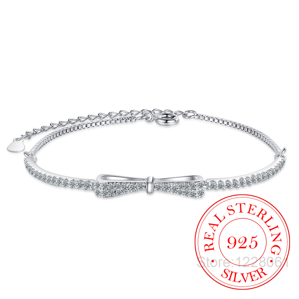 Bransoletka damska 925 srebro Bowknot Shiny cyrkon tenis Pulsera Plata 925 Mujer dziewczyny Wedding Party biżuteria prezenty