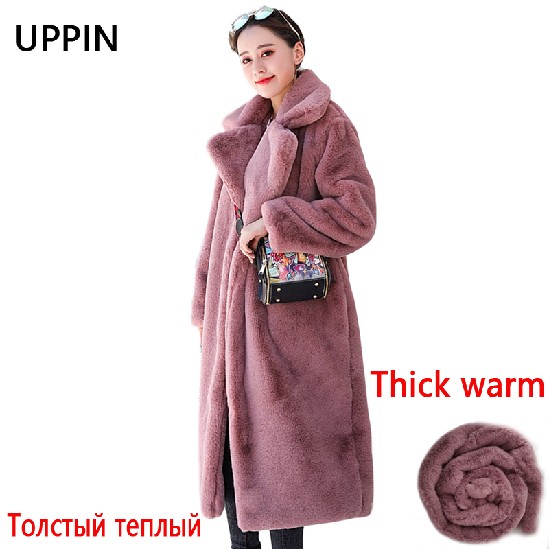 Hiver femmes de haute qualité fausse fourrure de lapin manteau de luxe Long manteau de fourrure lâche revers pardessus épais chaud grande taille femme manteaux en peluche