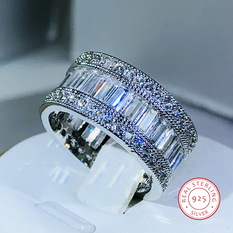 Anillo de cristal de circón CZ rectangular deslumbrante de Plata de Ley 925 Simple y elegante, anillos de compromiso de boda para mujer