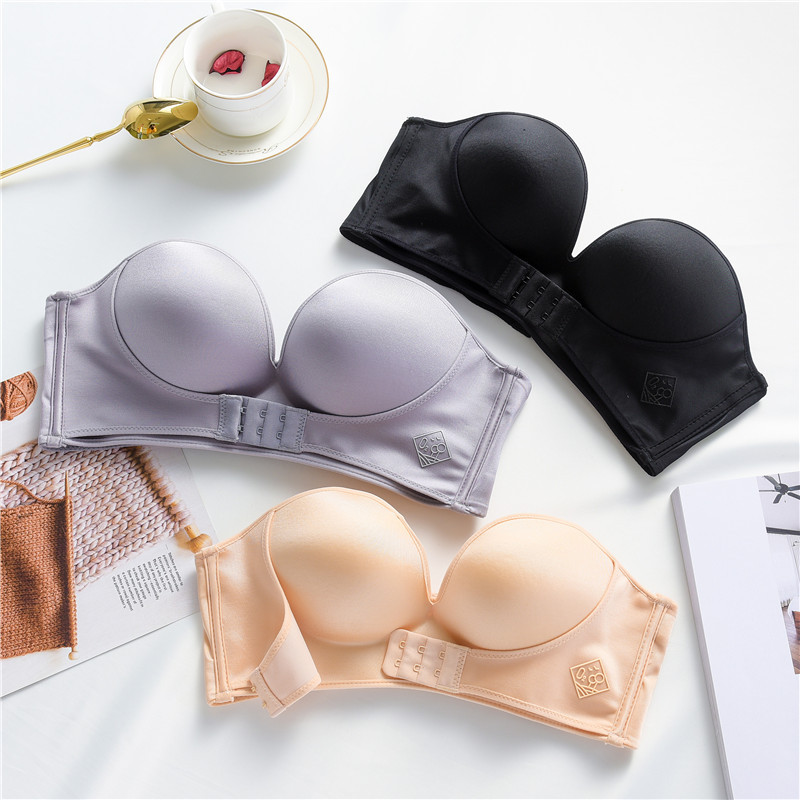 Sutiã push up frente e trás com fivela, roupa íntima feminina sexy profunda v sem alças sutiã discreto sem fio lingerie engrossada
