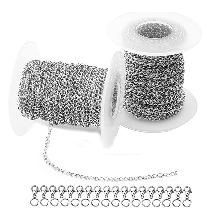 Chaîne d'extension en acier inoxydable de 10m, 2.5/3/4mm, collier à maillons en vrac pour la fabrication de bijoux avec 20 fermoirs à homard et 50 anneaux de saut