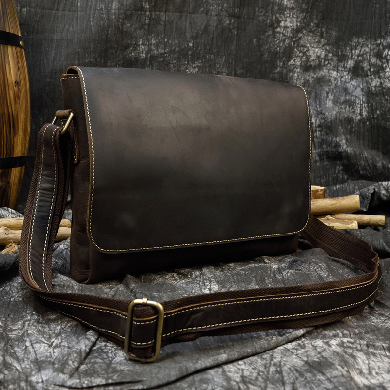Bolso de mensajero de cuero genuino para hombre, bandolera Vintage de cuero de Caballo Loco, con solapa magnética, para ordenador portátil, A4