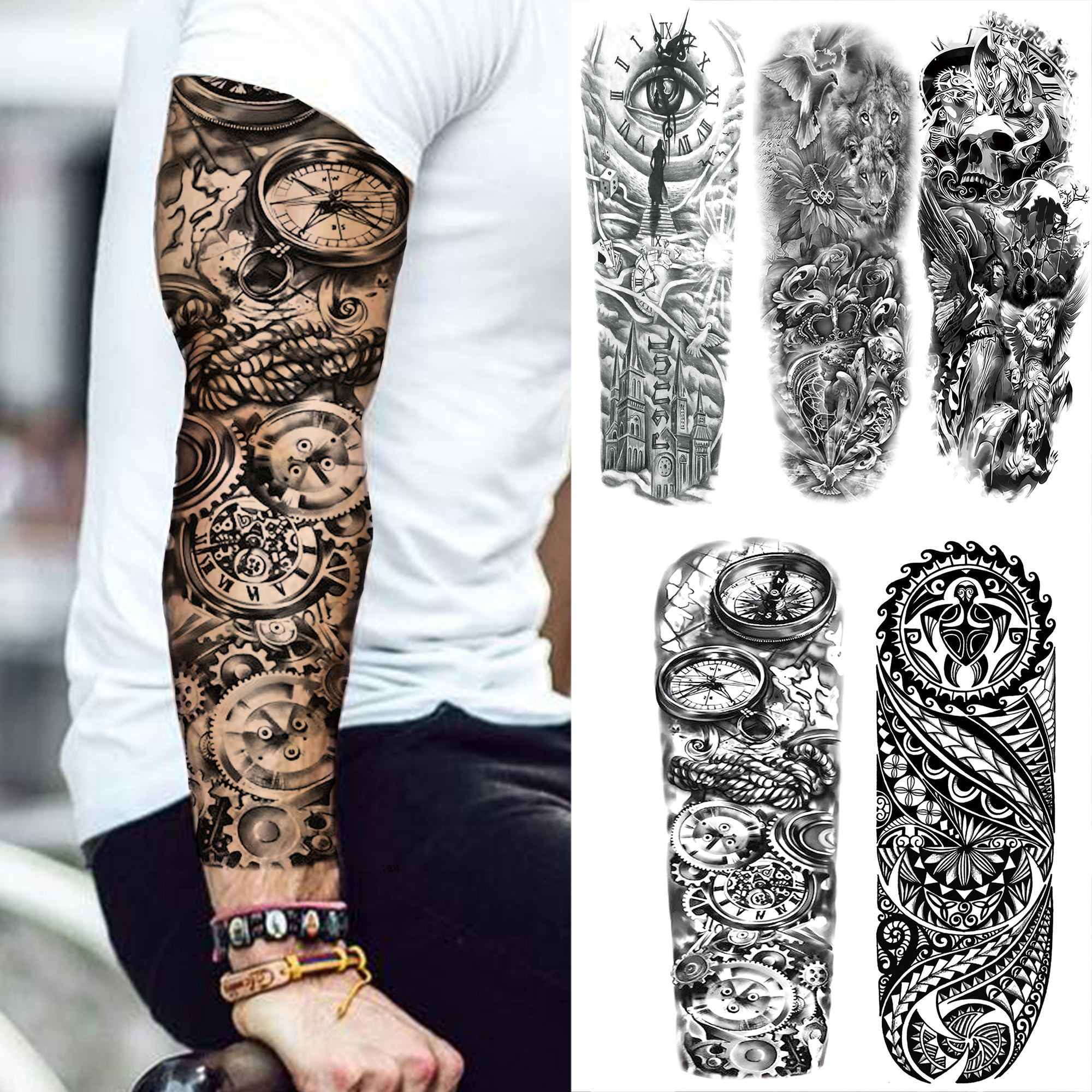 Tatuagem temporária com braço robô bússola, manga para homens e mulheres, crânio falso realista, adesivo de tatuagem