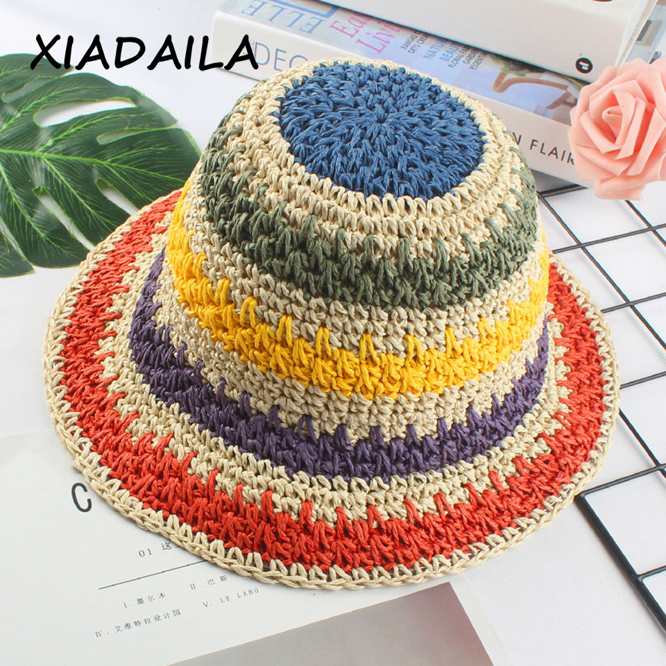 2020 delle donne di estate cappello della benna di Paglia fatta arcobaleno Crochet pieghevole genitore-figlio cappello Panama bambini femminile spiaggia visiera parasole Cap