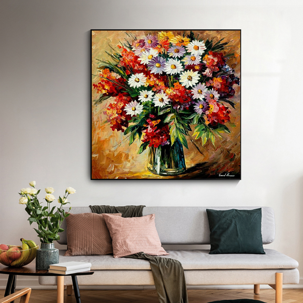 Lukisan Tangan Modern Lukisan Minyak Daisy Gambar Kanvas Seni Dinding Bunga Poppy Nordic Lukisan Minyak Berat untuk Dekorasi Ruang Tamu