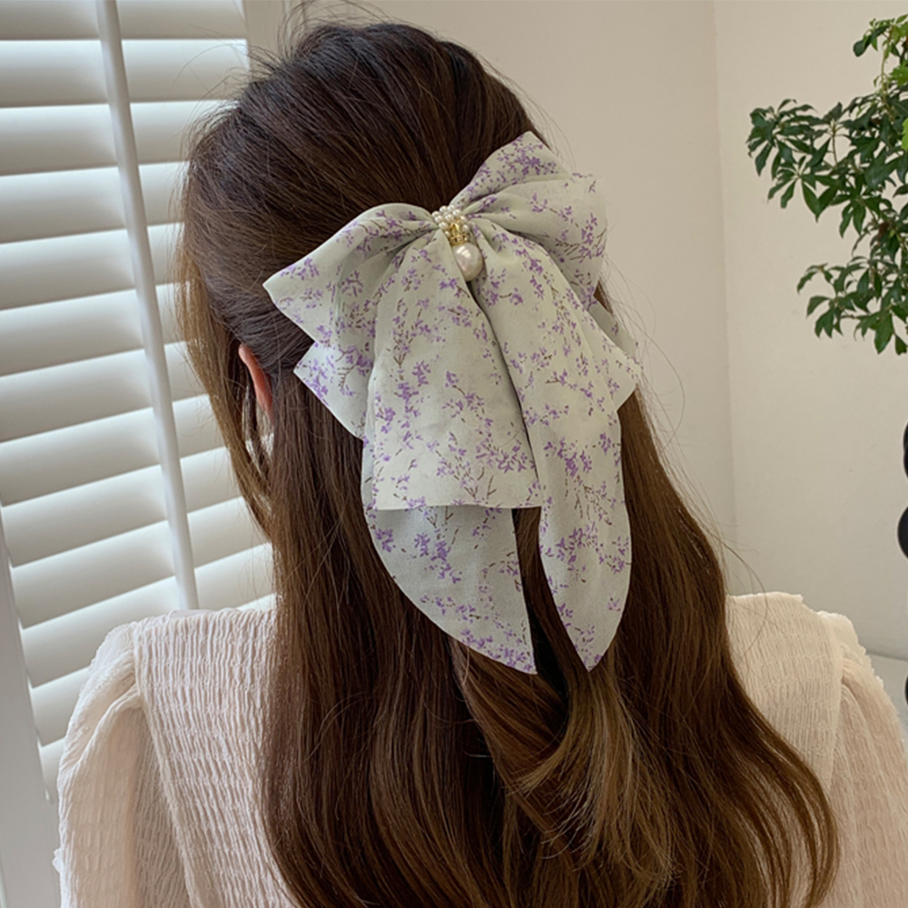 Senhoras arco acessórios para o cabelo moda hairgrip chiffon fita grampos de cabelo primavera rabo de cavalo barrettes pérolas feminino meninas grampos de cabelo gravata