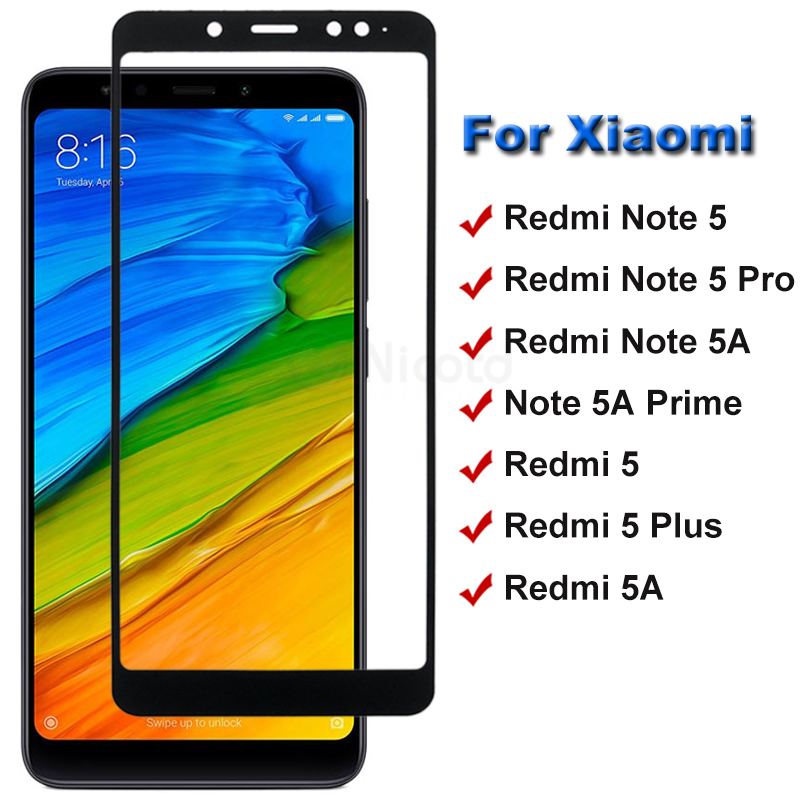 กระจกนิรภัยแบบเต็มฝาครอบสําหรับ Xiaomi Redmi หมายเหตุ 5 Pro ป้องกันหน้าจอสําหรับ Redmi หมายเหตุ 5A Prime ป้องกันสําหรับ Redmi 5 Plus