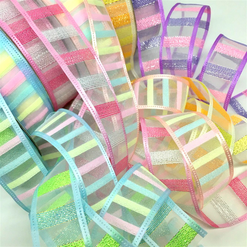 2.5cm 3.8cm 5Y Rainbow Organza Floral Ribbon With Lurex For Handmade DIY Craft Bows Gift Flowers Packing Wedding Christmas Deco