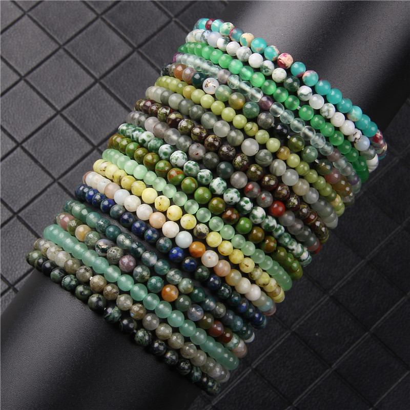 Pulseras redondas de piedra Natural de 4mm para mujeres y hombres, Mini pulsera de cuentas verdes y azules, ágatas de ojo de gato, joyería de meditación Reiki de fluorita