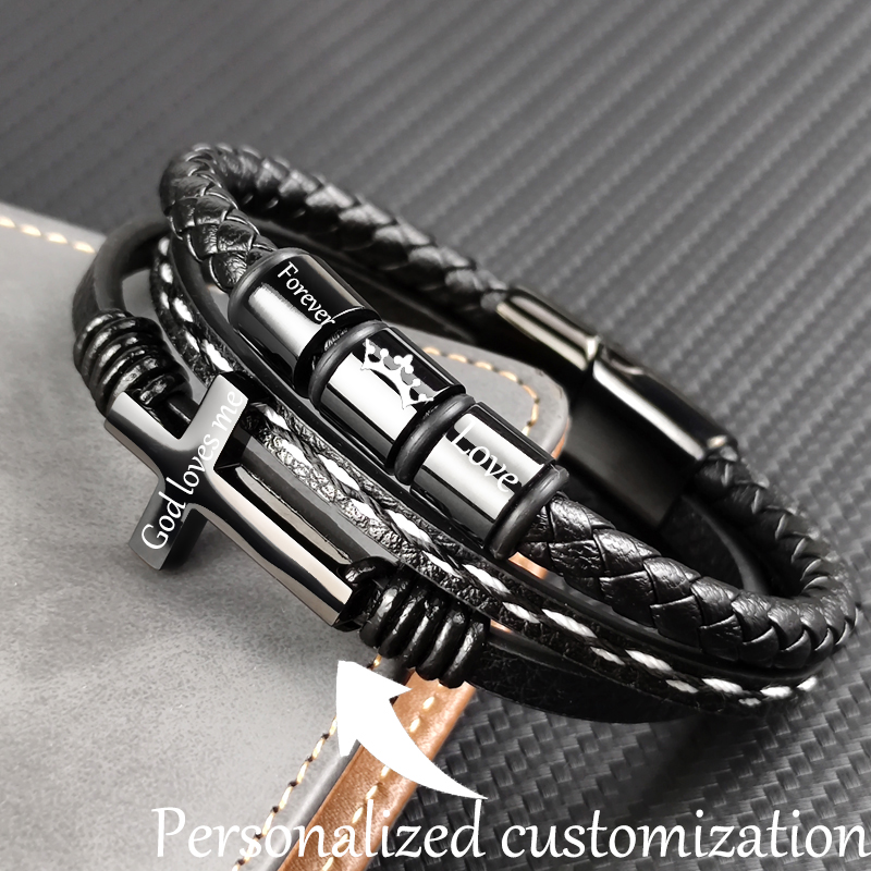 MingAo, nuevas pulseras cruzadas con cuentas de nombre familiar grabadas personalizadas, pulseras de acero inoxidable de cuero trenzado negro para hombres y padres