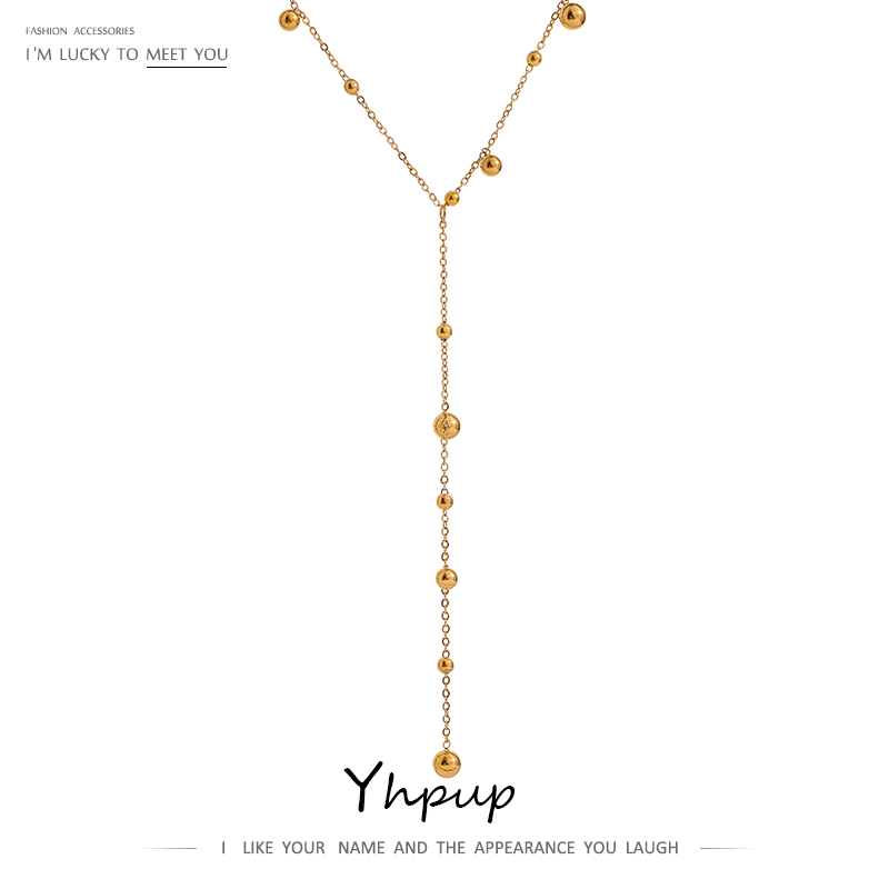 Yhpup-Collar con colgante largo de cuentas de acero inoxidable, Collar minimalista de Metal chapado en PVD de 18 K, joyería de moda, regalo de fiesta
