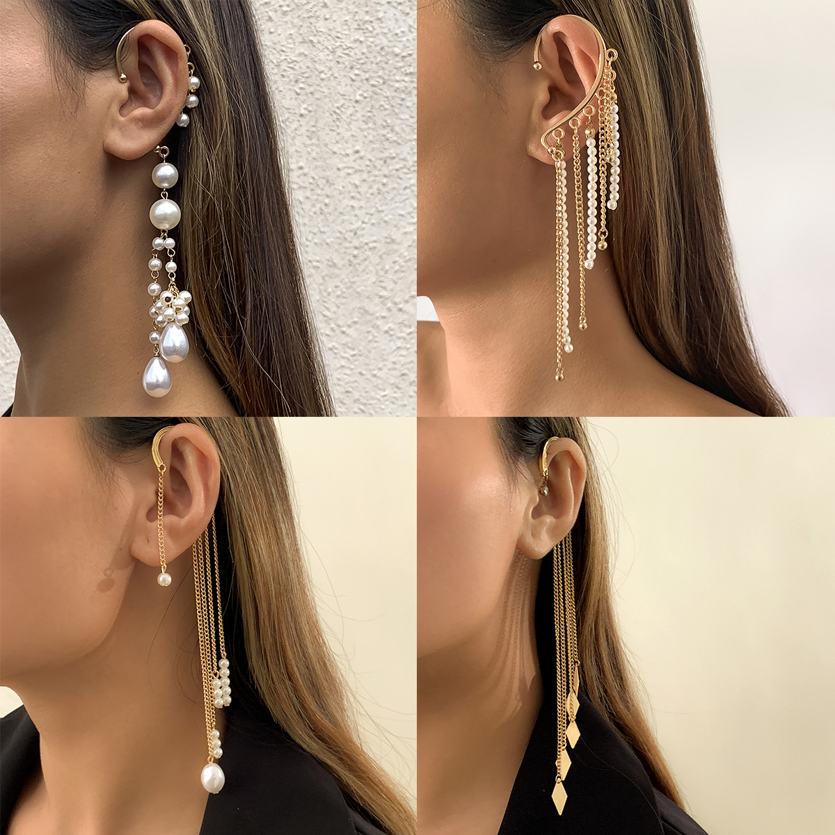 Ingemark Long gland géométrique Imitation perle chaîne boucles d'oreilles à Clip pas percé oreille manchette Cartilage élégant femme femmes bijoux