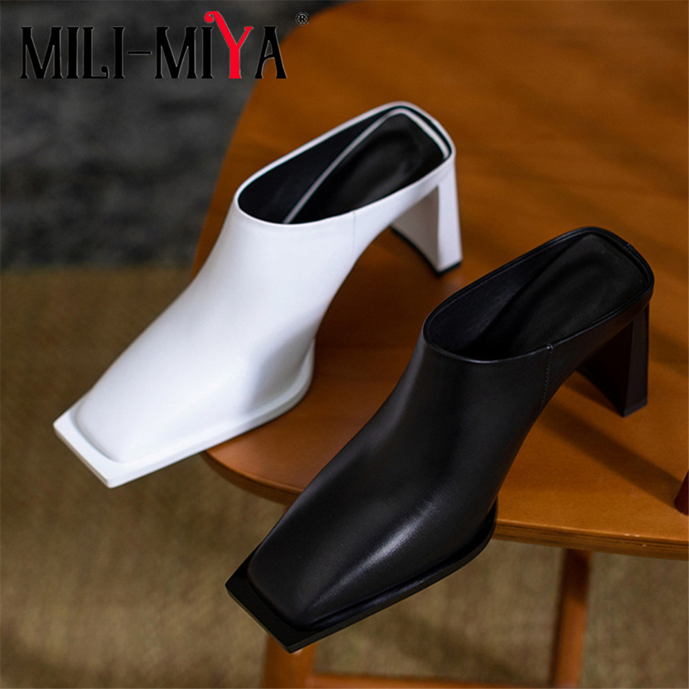 MILI-MIYA Fashion Square Toe Warna Solid Wanita Penuh Kulit Asli Tebal Tumit Slip Pada Gaun Pesta Musim Panas Sepatu Ukuran 34-40