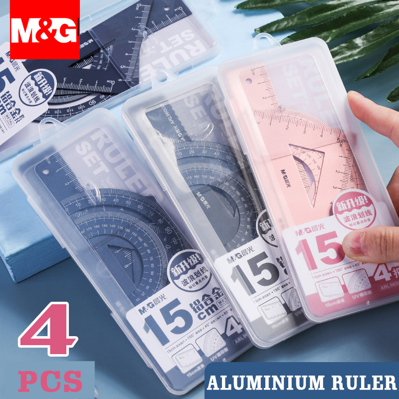 4-in-1 M&G Aluminium-Lineal-Set, Metall/Kunststoff/weiche Geometrie, Mathematik, Zeichnen, Kompass, Schreibwaren, Lineale, Mathematik für die Schule