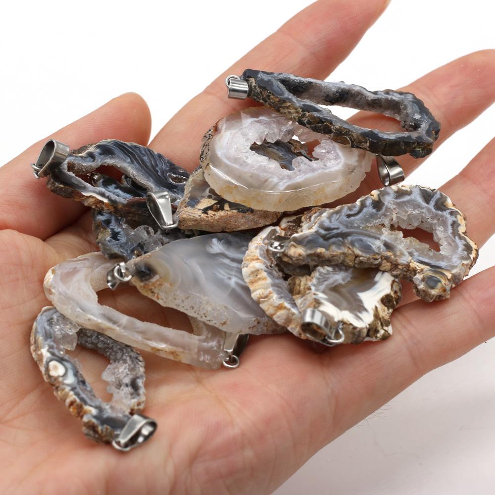 Druzy Alami Agates Kalung Liontin Bentuk Tidak Teratur Batu Alam Liontin untuk Membuat Perhiasan DIY Kalung Ukuran 25-40Mm