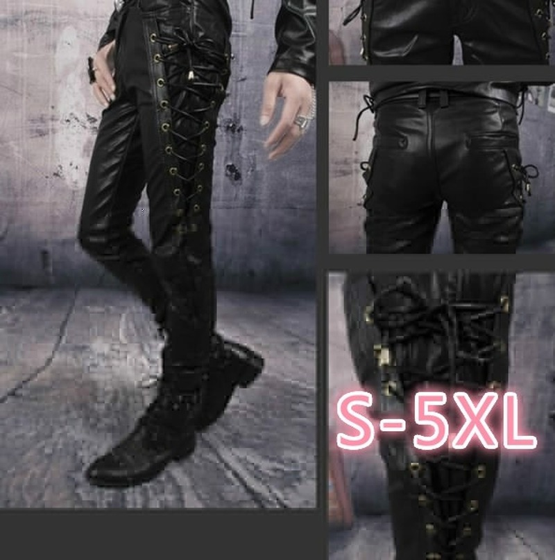 Pantalones vaqueros con cordones laterales de cuero grueso negro para hombre, pantalones largos estilo pantalones de cuero para motocicleta, pantalones de cuero para motocicleta