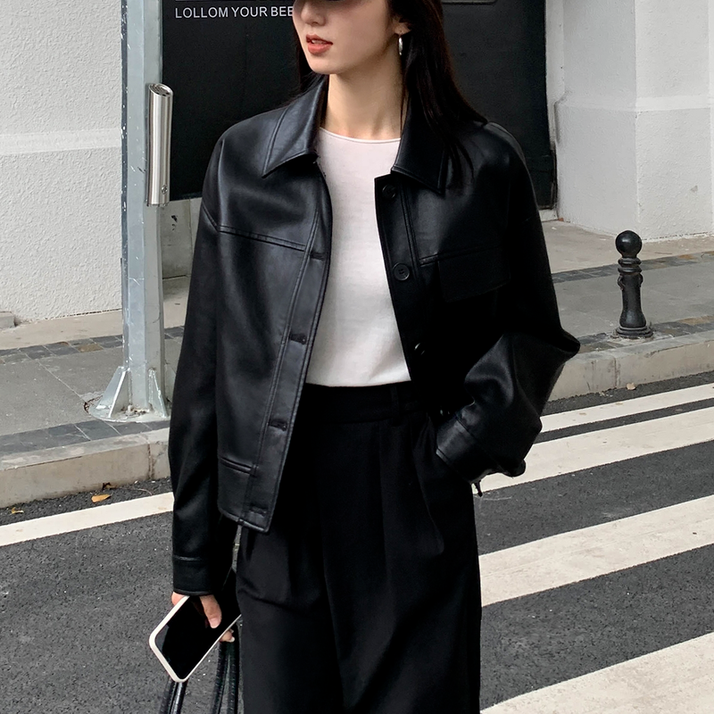 Chaqueta de cuero recortada negra para mujer, Blazers de cuero coreanos de calle alta, ropa de calle Vintage, chaqueta para Moto y bicicleta, novedad de otoño 2021
