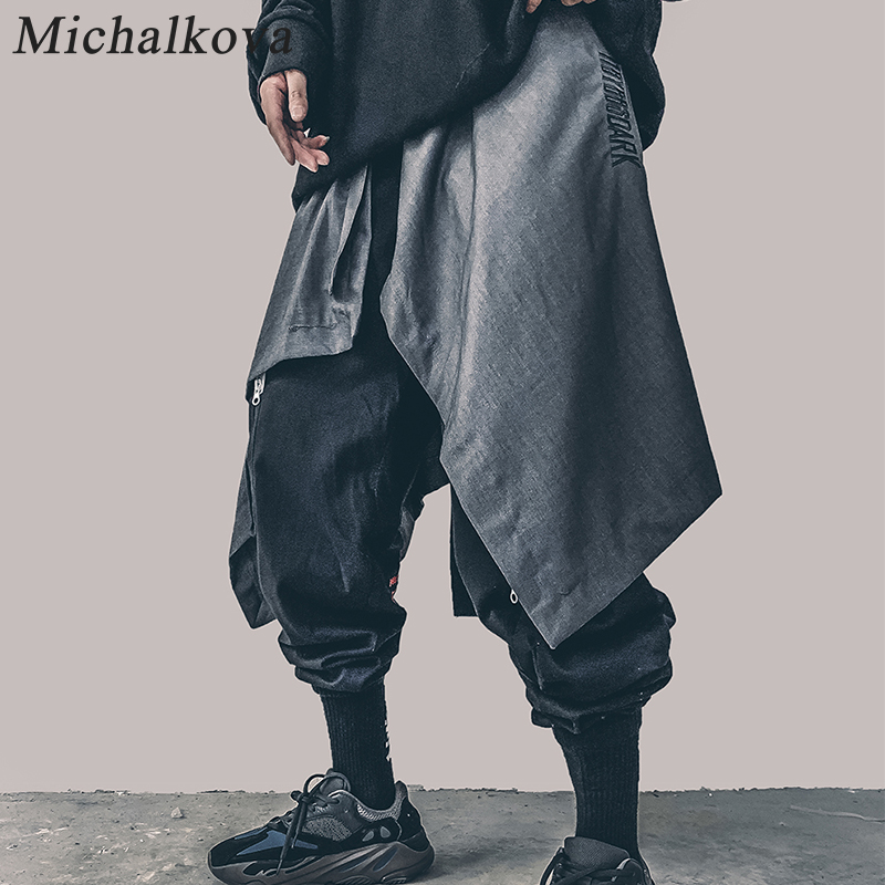 Michalkova-falda de cintura de Hip Hop Irregular para hombre, ropa de calle ajustable Harajuku, delantal plisado negro, gótico, Jogger, dobladillo