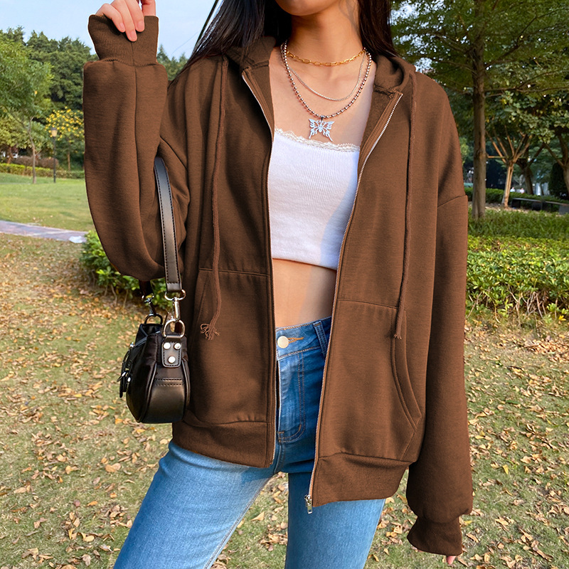 BiggOrange brązowy rozpinany bluza zimowa kurtka ubrania bluzy z kapturem oversize kobiety plus rozmiar Vintage, z kieszeniami z długim rękawem swetry